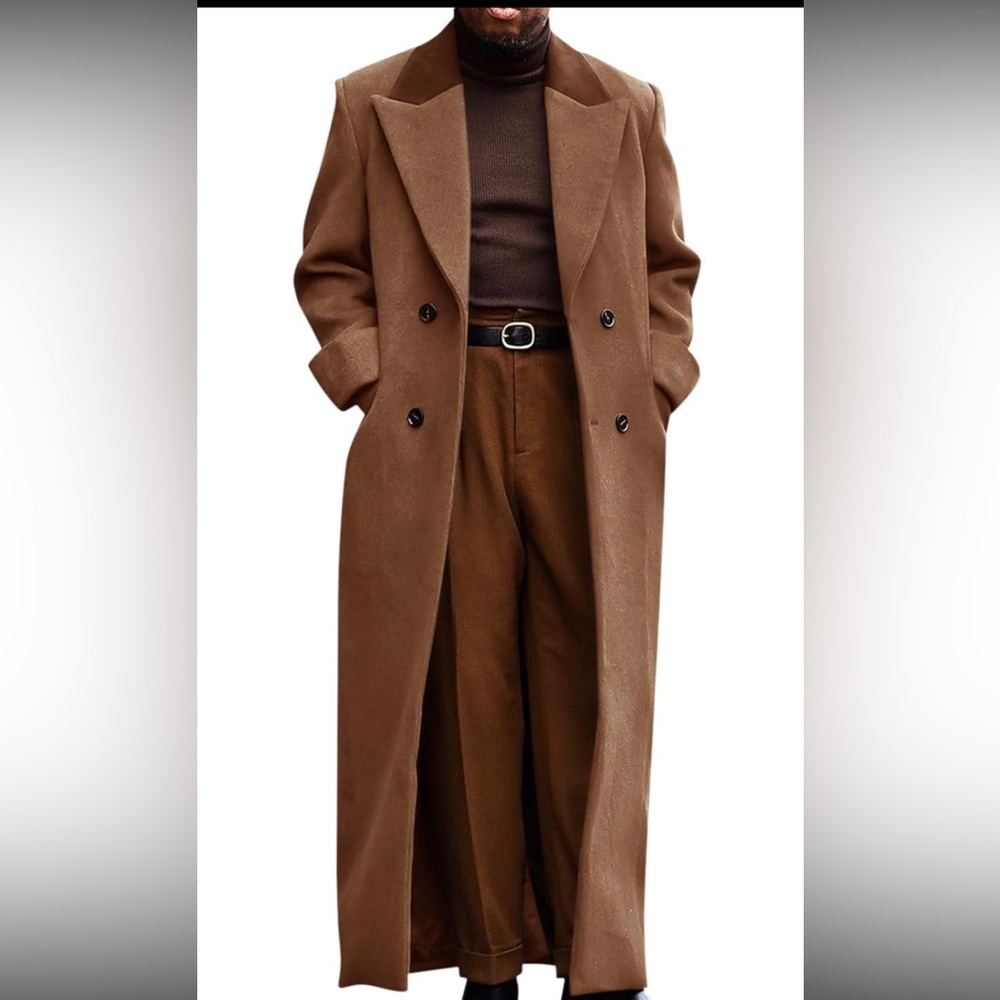 Mens Brown Trench Coat Notched Lapel Long Jacket Winter Overcoat